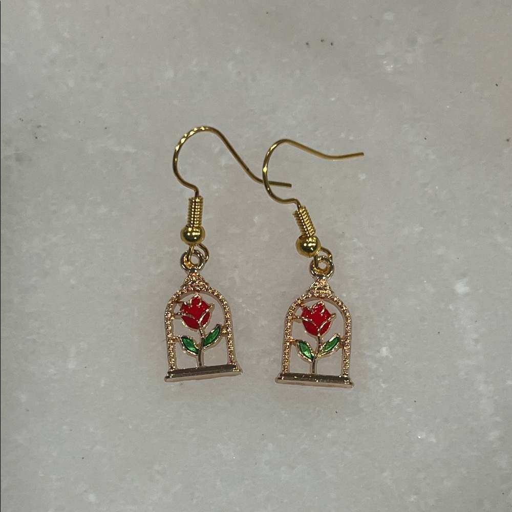 Gold Tone Rose Dome Earrings Beauty & the Beast Inspired Dangle Cute Floral